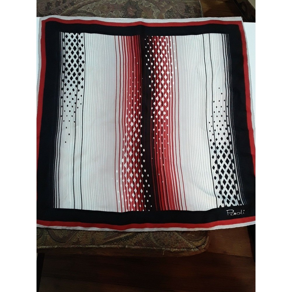 Vintage Graphic Scarf, 1960s Paoli ,Signed, Red And Black 20.5x20.5 in